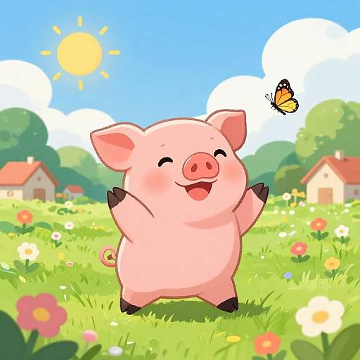 Cute pink cartoon pig with black hooves and ears joyfully dances in a sunny, colorful meadow, with a yellow butterfly nearby.