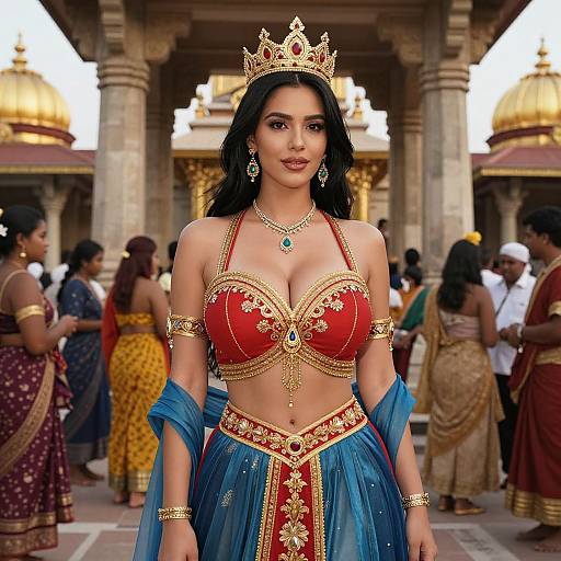 Digital artwork of a regal Indian woman with dark hair, wearing a gold crown, red and blue ornate outfit, and jewelry, standing in a