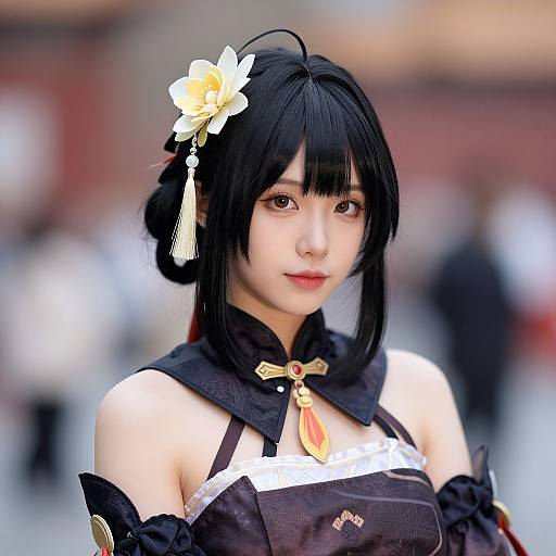 Photograph of an Asian woman cosplaying as a traditional Chinese character, with black hair, white flower hairpin, black and white attire, and blurred