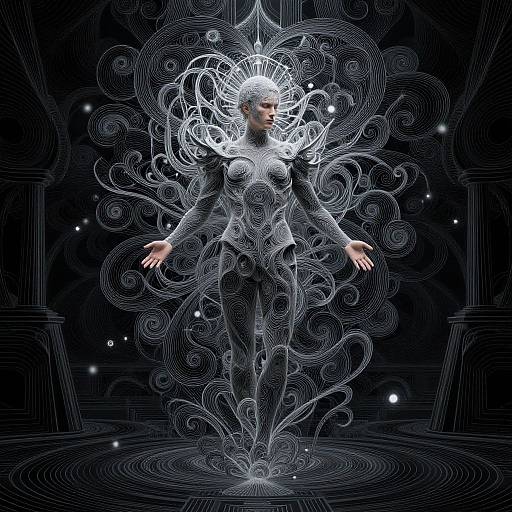 Digital artwork of a mystical woman with white, swirling, ethereal patterns surrounding her, standing in a dark, circular, columned space.