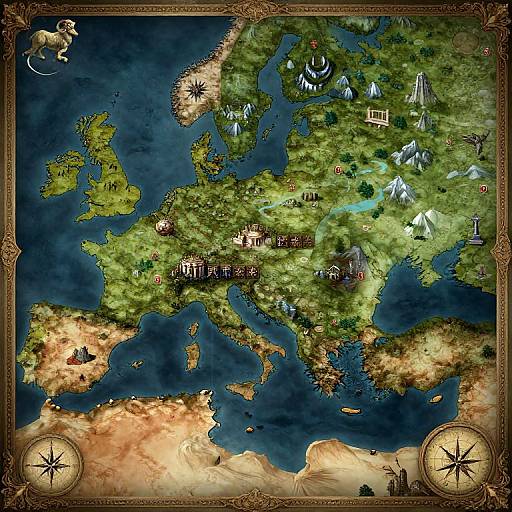 Fantasy map illustration: Detailed, colorful, top-down view of a landmass with forests, mountains, buildings, and waterways, framed with orn