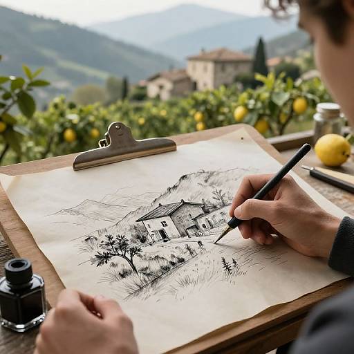 Artist sketches a black-and-white village scene with detailed trees on a wooden table, surrounded by lemons, mountains, and a clipboard.