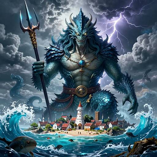 Digital art: Giant blue, muscular, wolf-like creature with glowing eyes and horns, holding a trident, towering over a small coastal village with lightning