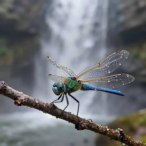 Blue-Green Dragonfly by Misty Waterfall