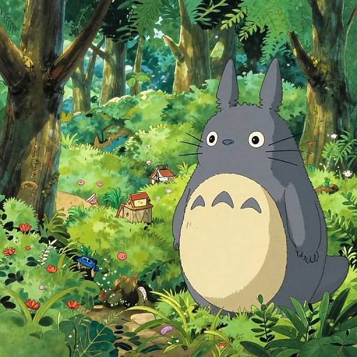 Digital anime-style illustration of Totoro, a large, gray, cat-like creature with a yellow belly, standing in a vibrant, sunlit forest