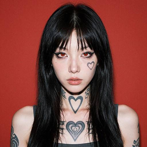 Photograph of a pale-skinned woman with black, straight hair, red eyes, and black heart tattoos on her face, neck, and chest,
