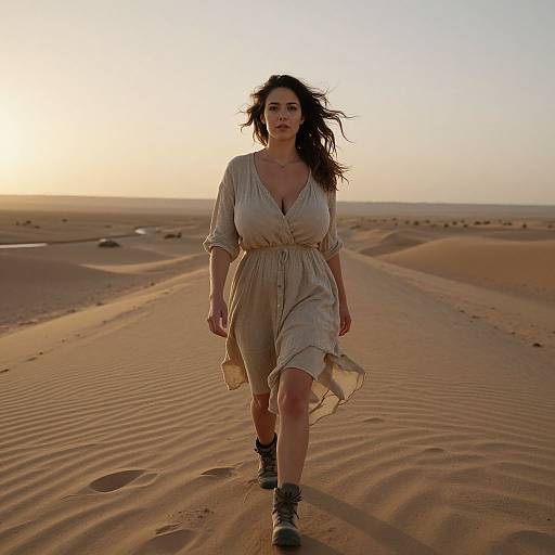 Photograph of a brunette woman with wavy hair, wearing a beige dress and boots, walking through a sandy desert at sunset.