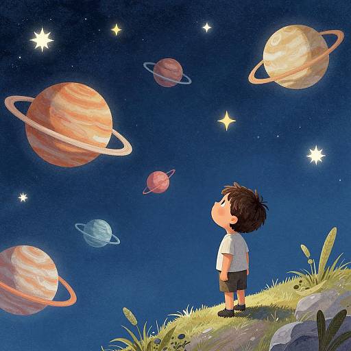 Illustration of a curious child with short brown hair, white shirt, and black shorts, standing on a grassy hill, gazing at colorful planets