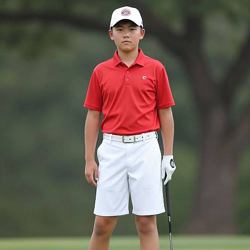 Photograph of an Asian male golfer in a red polo, white shorts, white cap, and gloves, standing on a green golf course.