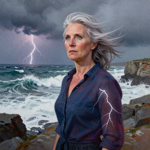Photorealistic digital art of a white-haired woman in a dark blue shirt, standing on a rocky coastline with stormy seas and a striking lightning bolt
