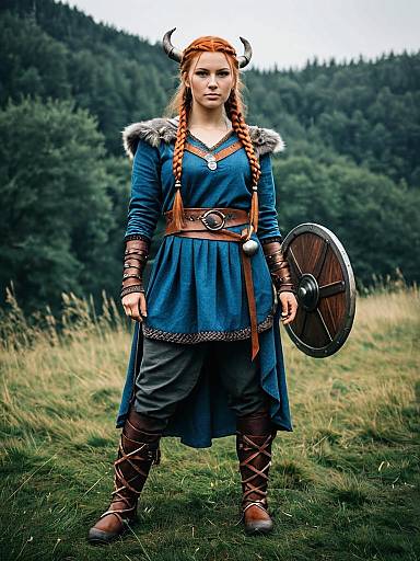 Photograph of a red-haired woman in Viking attire with horns, blue dress, fur-trimmed shoulders, brown belt, and shield, standing in