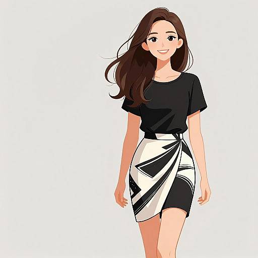 Chic Smiling Woman in Graphic Skirt