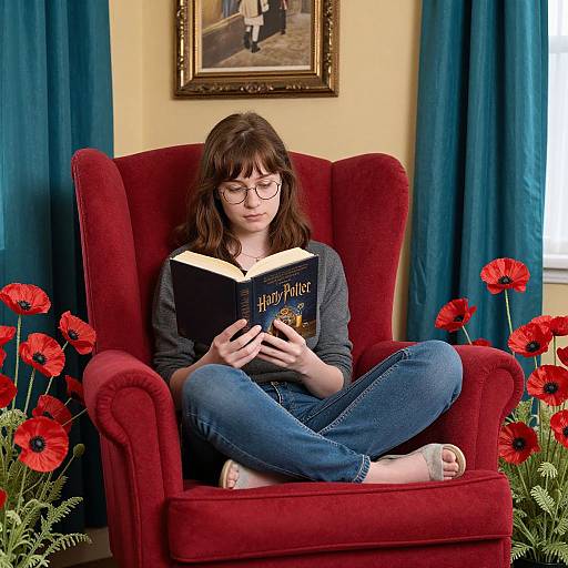 Photograph of a young woman with glasses, brown hair, and jeans, reading 