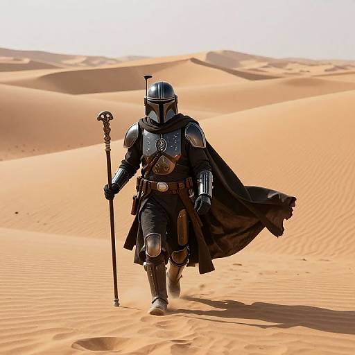Digital artwork of a Darth Vader-like figure walking through a sunlit, rippled desert with sand dunes, holding a staff, wearing black armor and