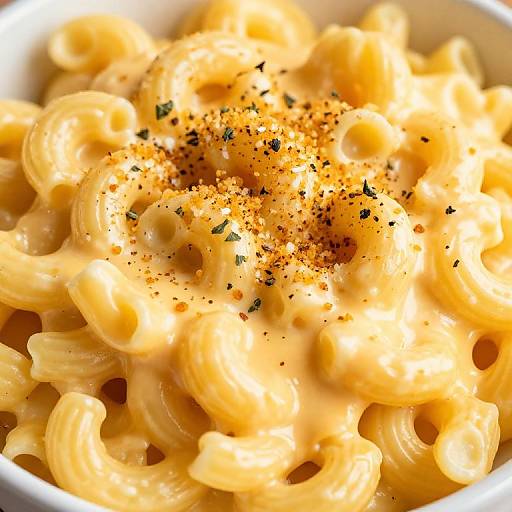 Close-up photograph of creamy, yellow-orange macaroni and cheese topped with a sprinkle of black pepper and green herbs.