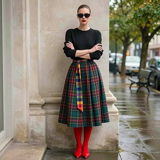 Woman in Plaid Skirt and Red Tights Against Stone Column