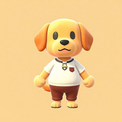 CGI cartoon dog with yellow fur, black eyes, white shirt, red pants, and a necklace, standing against a solid peach background.
