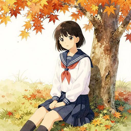 Japanese Schoolgirl in Autumn Watercolor