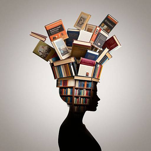 Silhouette of a person with books floating from their head, against a white gradient background, symbolizing knowledge and reading.