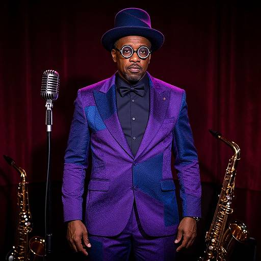 Photograph of a Black man in a vibrant purple suit, black shirt, bow tie, and black bowler hat, standing center stage with a vintage