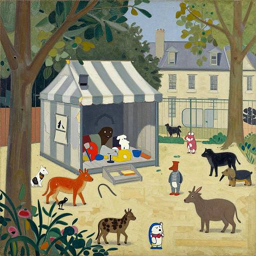 Whimsical illustration of a colorful pet stall in a sunny park with various animals, including foxes, dogs, a kangaroo, and a gir