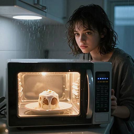 Photograph of a wet-haired, serious young woman holding a microwave with a glowing, eerie cake inside, under dim kitchen lights.