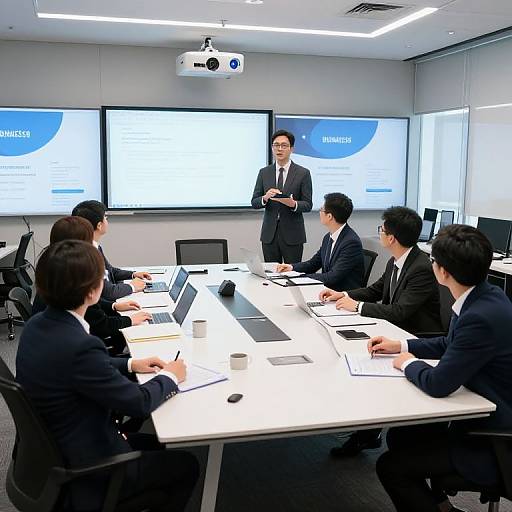 Photograph of a modern conference room with six Asian men in suits, seated around a white table, listening to a presentation on screens from a standing man