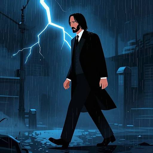 Digital illustration of a bearded man in a black suit walking in a rainy, stormy street with bright blue lightning.