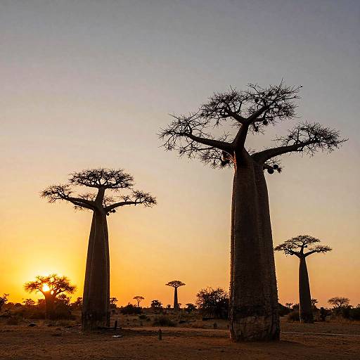 Photograph of a sunset in an African savanna, featuring silhouetted towering baobab trees with sparse branches, against a vibrant orange and