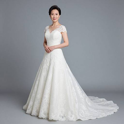 Photograph of an Asian woman in a white lace wedding dress with short sleeves and a long, flowing train, standing against a gray backdrop. She has