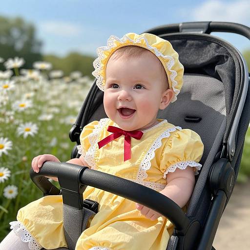 Photograph of a smiling baby in a yellow lace dress and bonnet, seated in a black stroller, surrounded by daisies on a sunny