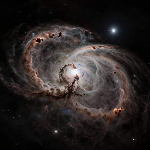 Photograph of a swirling spiral galaxy with a bright central core, surrounded by dark, wispy clouds and red star clusters, set against a star-st