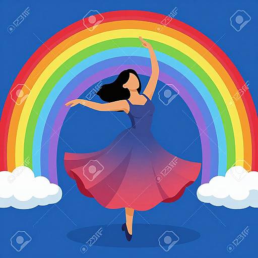 Digital illustration of a woman with long black hair, wearing a blue and red dress, dancing under a vibrant rainbow with white clouds on a blue background.