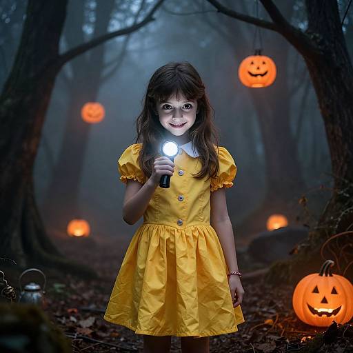 Photograph of a young girl with long brown hair in a yellow dress, holding a flashlight, standing in a foggy forest with glowing jack-o'-