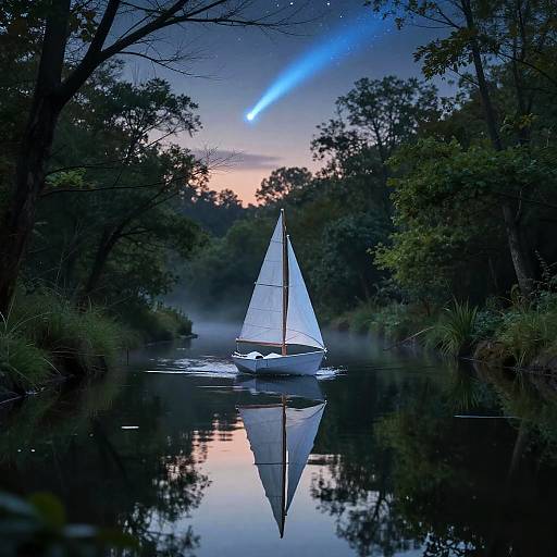 Photograph of a solitary white sailboat with raised sail, reflecting on a calm, misty river at twilight. A blue meteor streaks across a