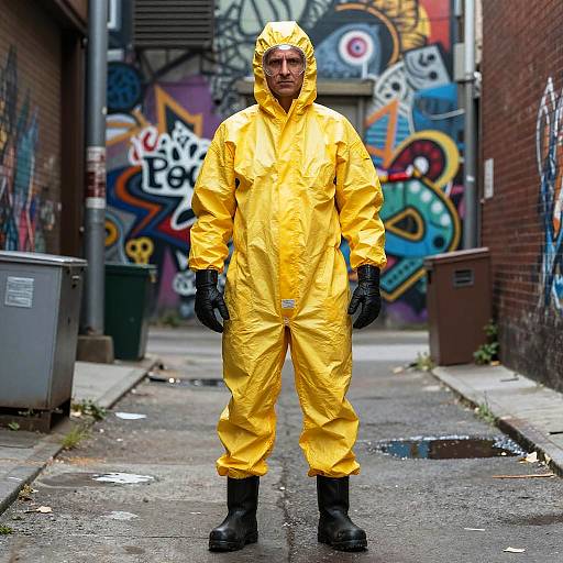 Photograph of a man in a bright yellow hazmat suit, black gloves, and boots, standing in an alley with colorful graffiti.