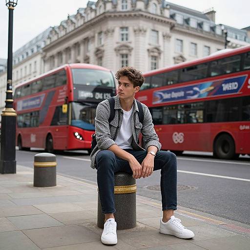 Photograph of a young man with curly brown hair, wearing a gray patterned jacket, white shirt, jeans, and white sneakers, sitting on a