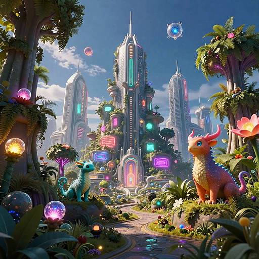 Vibrant digital artwork of futuristic cityscape with neon-lit skyscrapers, colorful, glowing creatures, and bioluminescent orbs amidst lush