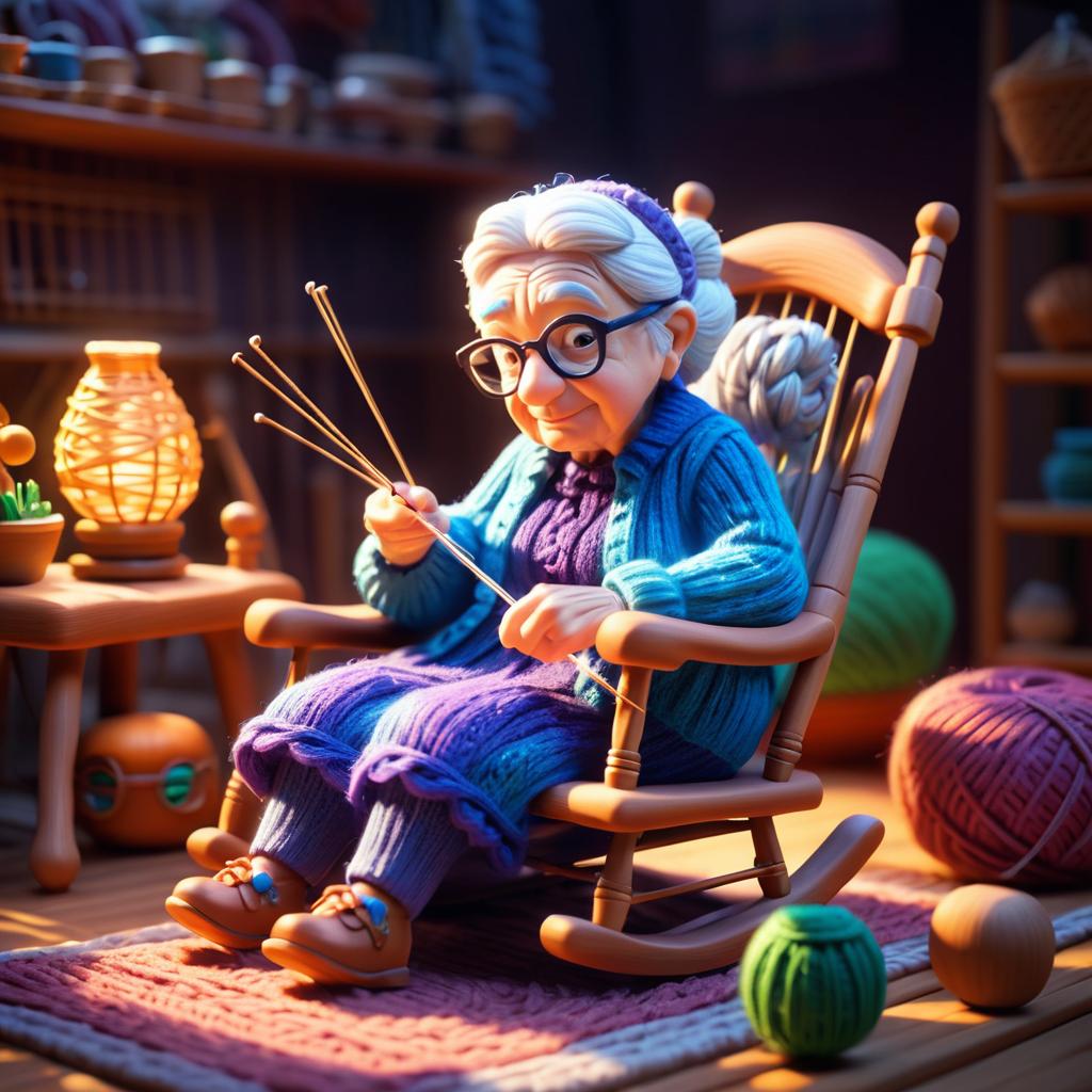 Vibrant 3D Cartoon Character of Knitting Grandma