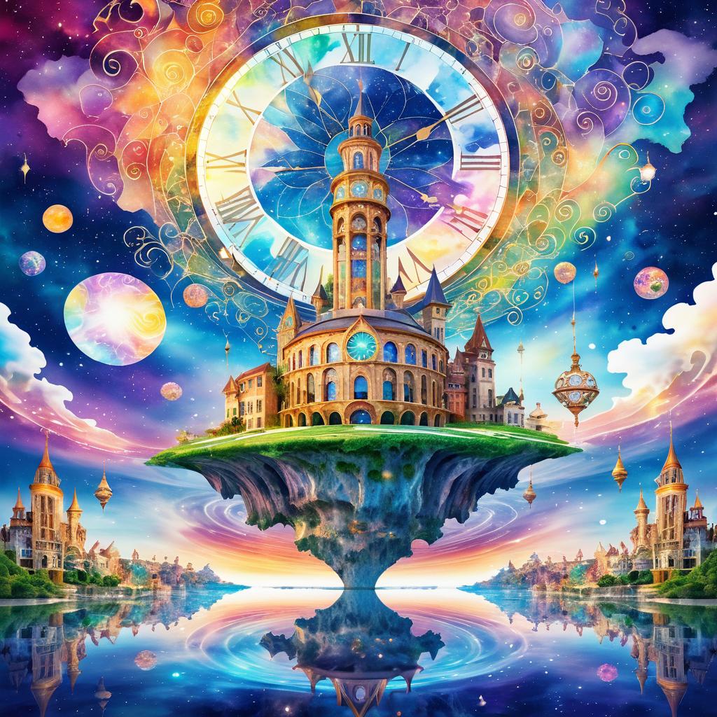 Surreal Clock Tower in Vibrant Landscape