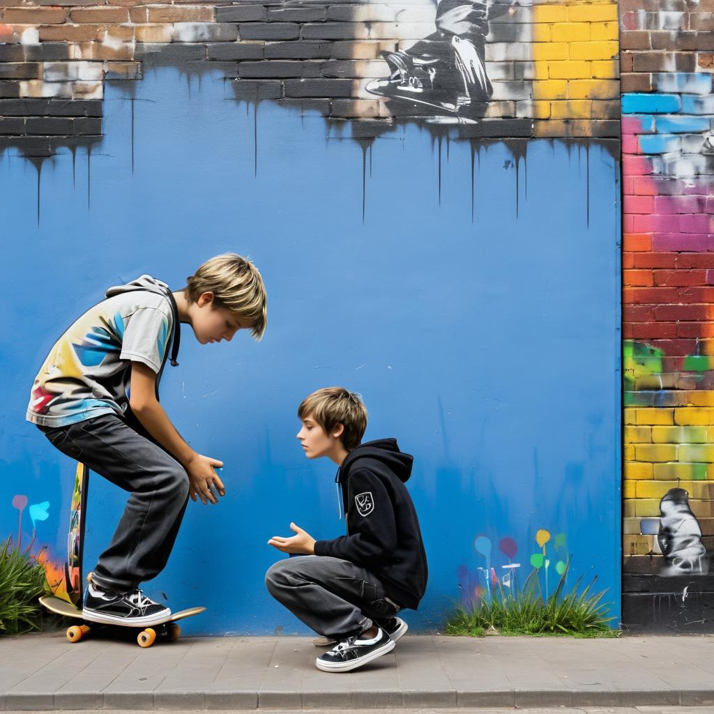 Skateboarding Teen Praying Before Urban Art