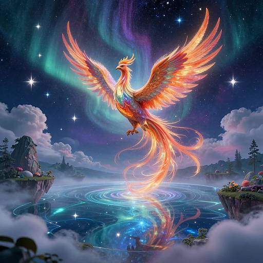 Digital art of a vibrant, fiery phoenix with large wings and long tail, soaring over a mystical, starry night landscape with glowing runes and floating islands