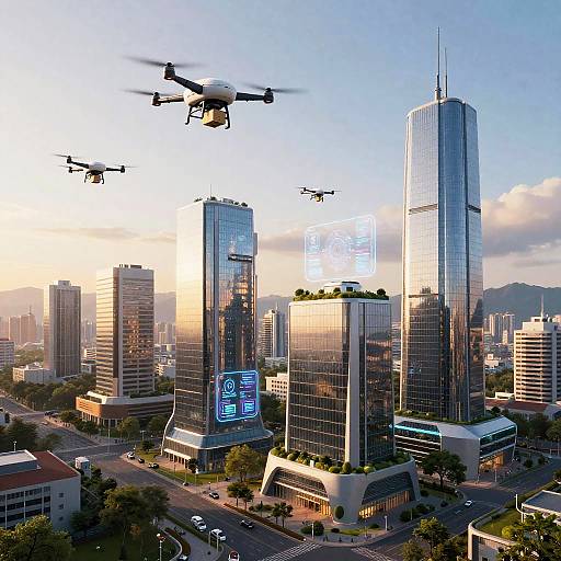 Photorealistic CGI of a futuristic cityscape with tall glass skyscrapers, flying drones, and neon signs at sunset, surrounded by greenery.