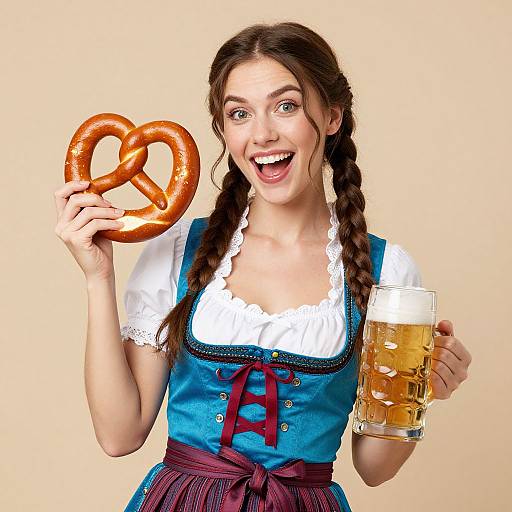 Photograph of a smiling young woman in traditional German dirndl, holding a large pretzel and a frothy beer mug, with braided hair against