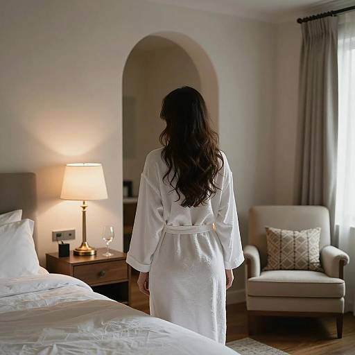 Serene Bedroom Scene with Woman in Robe