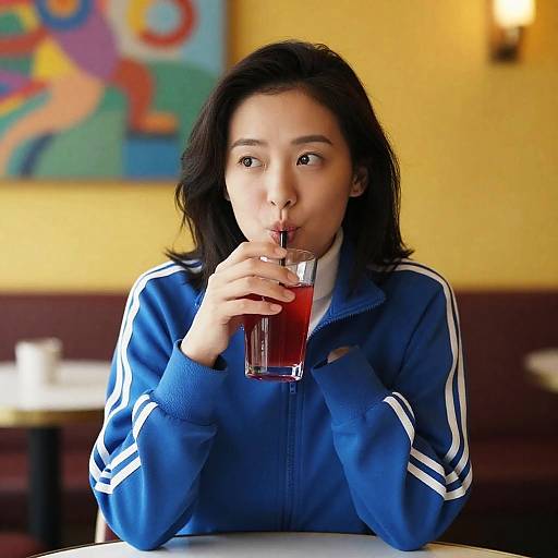 Focused Asian Woman Enjoying a Drink