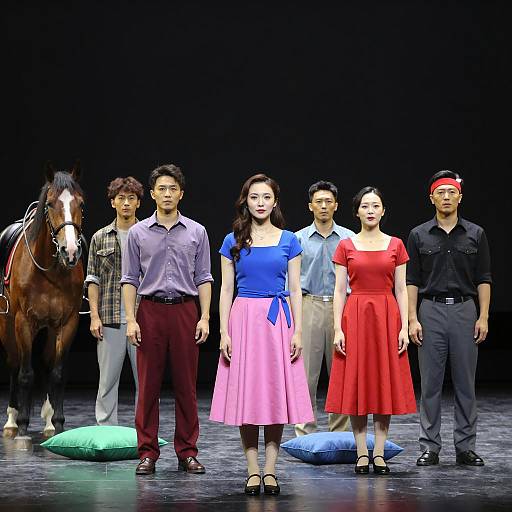 Dynamic Stage Play Scene with Colorful Cast
