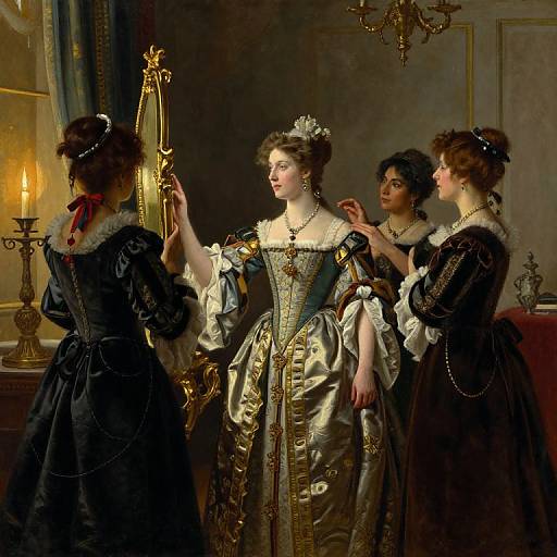 Baroque-style painting: Four elegant women in elaborate 18th-century gowns, adorned with pearls and lace, adjust the central woman's dress in