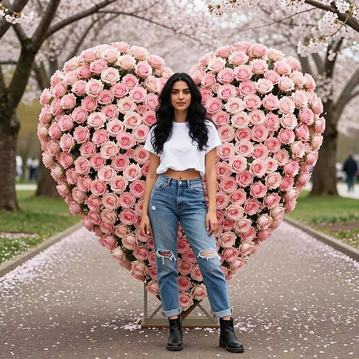 Woman Standing by Heart-Shaped Rose Arrangement in Cherry Blossom Park