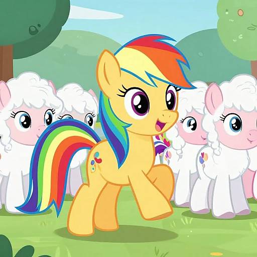 Colorful cartoon pony with rainbow mane and yellow coat, smiling, stands in front of white ponies in a grassy, tree-filled background. Bright
